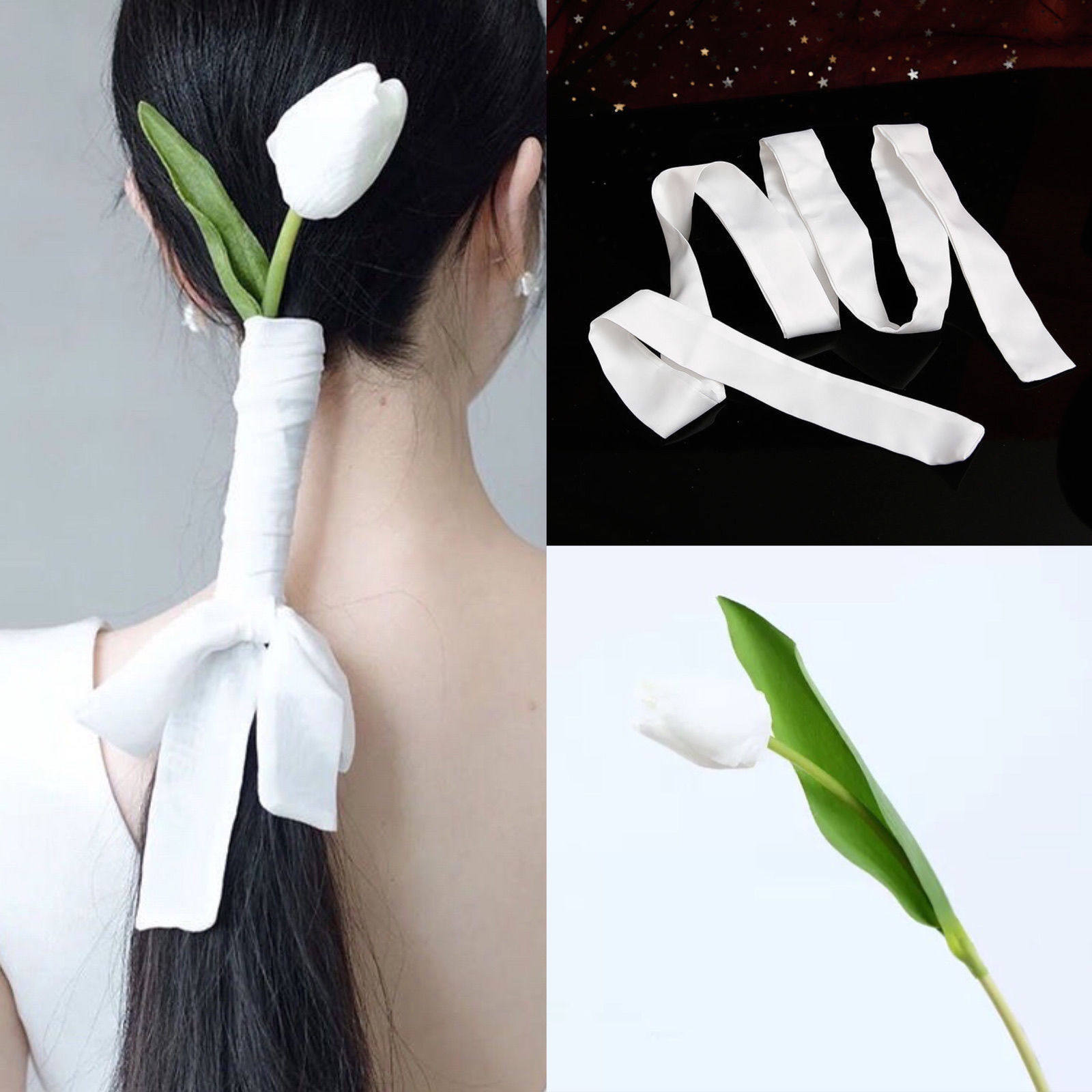 超美优雅新娘白色郁金香花朵低盘发丝带发饰简约森系头花婚礼头饰