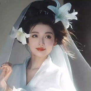 清冷氛围感白色大百合花朵发夹头饰唯美古风气质头花写真拍照道具
