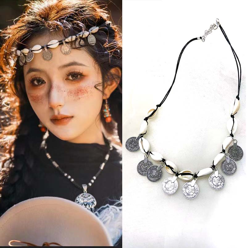 藏服写真民族风饰品发饰复古钱币贝壳头饰额头项链两用网红配饰女