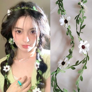 五一春日编发头饰藤蔓白色雏菊花朵发带绿叶藤条发饰花仙子头饰品