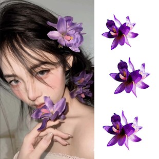 新中式紫色蕙兰花朵手工蝴蝶兰发簪边夹国风旗袍侧边森系仿真假花
