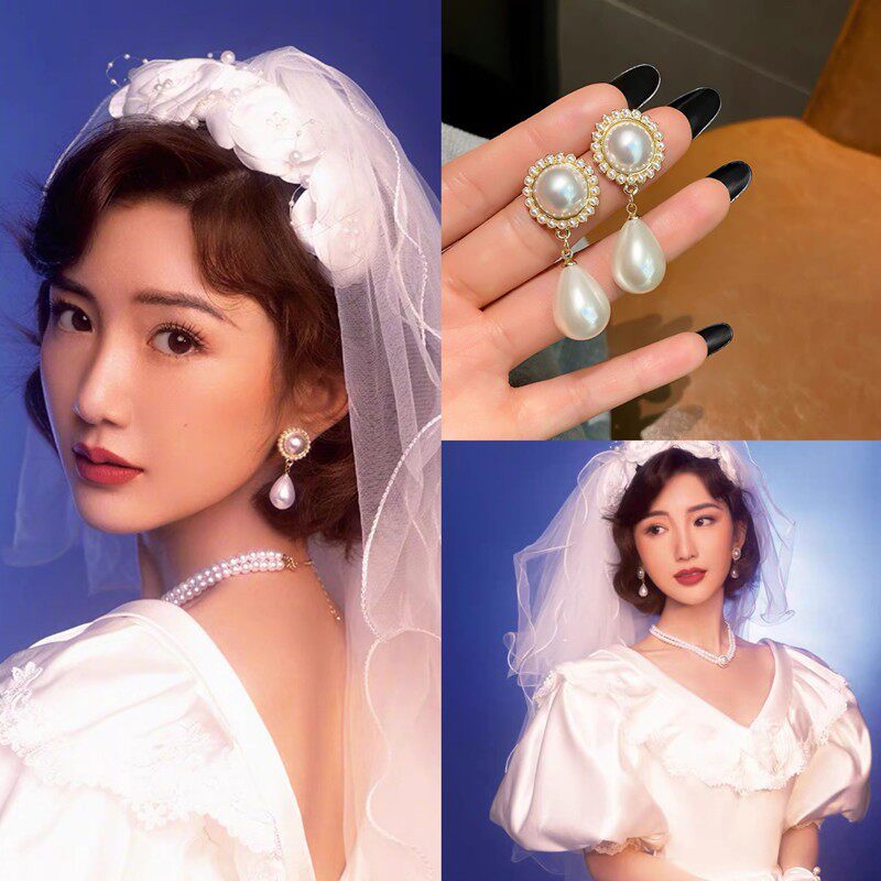 毛晓彤同款复古优雅珍珠耳钉耳坠双层项链新娘套装饰品礼服配饰女