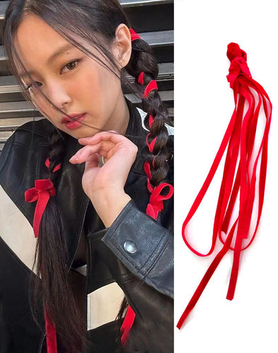 Jennie同款红色丝带编发马尾头绳