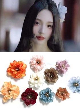 汉唐古风装造清冷氛围感浅蓝色头花发夹国风发饰绢花头饰侧边夹子