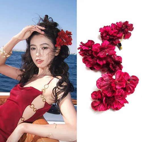 海边拍照氛围感发饰女红色绣球花