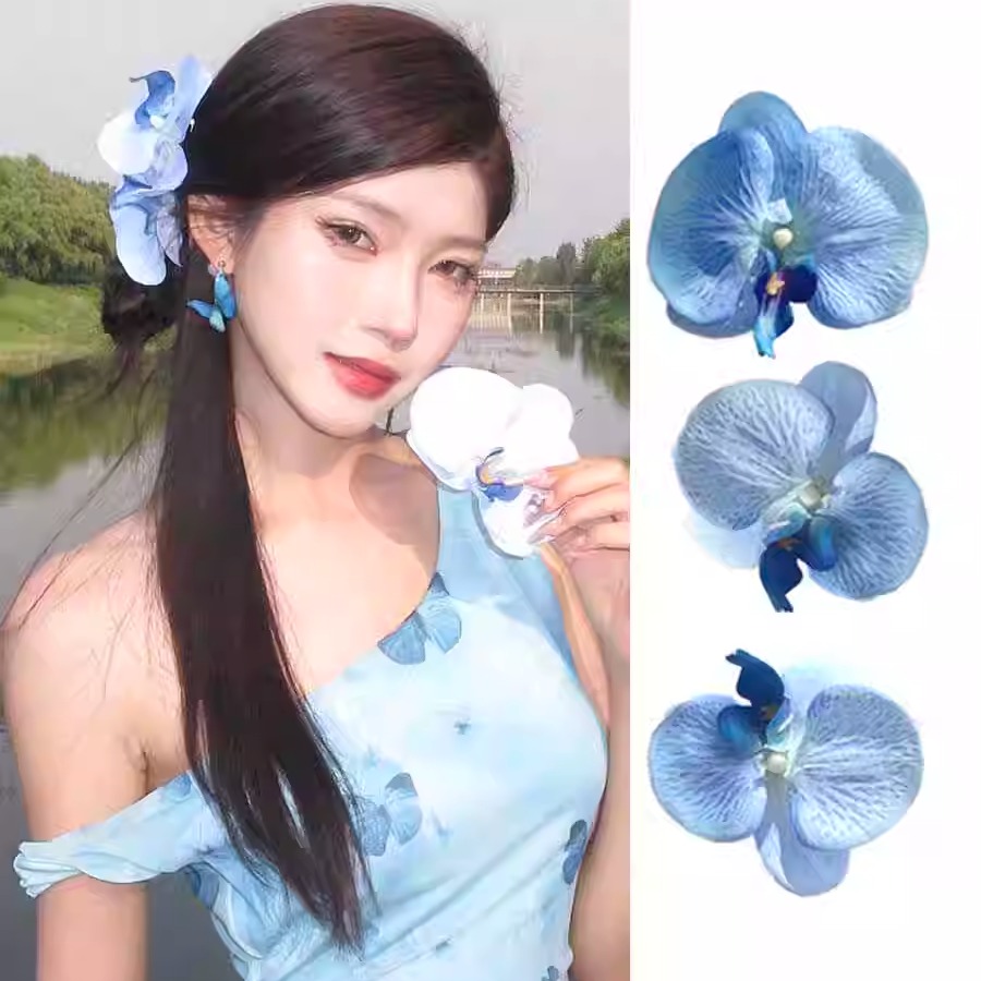 明媚氛围感蓝色蝴蝶兰花朵发夹子