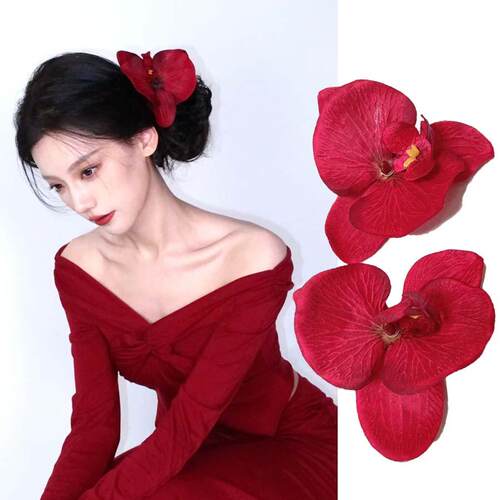拍照氛围感头花红色蝴蝶兰花发卡