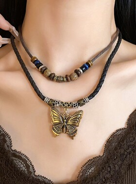 新中式蝴蝶吊坠锁骨链复古项链