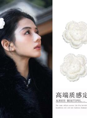 宫二新中式国风写真白色玫瑰花朵发夹女手工编织头花氛围感头饰女
