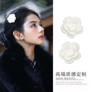 宫二新中式国风写真白色玫瑰花朵发夹女手工编织头花氛围感头饰女