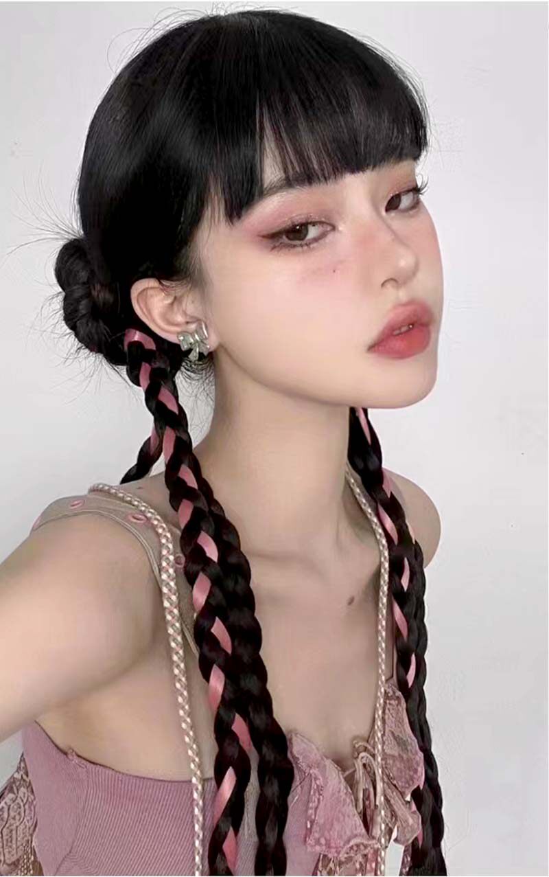 羊羊同款亚裔辣妹y2k编发头饰粉色麻花辫假发辫子发绳扎发双马尾