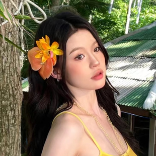 辣妹穿搭桔黄色花朵发饰蝴蝶兰头花发夹度假拍照氛围感头饰发卡子