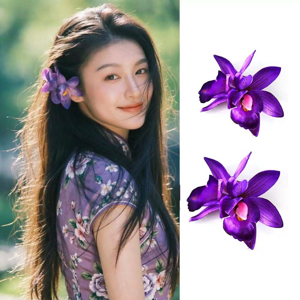 韵味紫色花朵发夹仿真蕙兰花头饰发卡子头花发饰海边度假拍照神器
