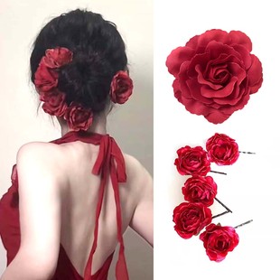 李泽言独此风情发型发饰红色玫瑰花朵发夹头发卡子侧边夹度假头花