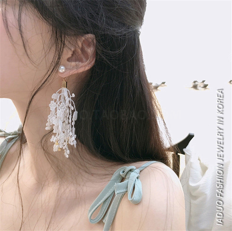 少女心网红耳环潮人超仙气质流苏蕾丝花朵珍珠长款耳饰耳钉耳坠女
