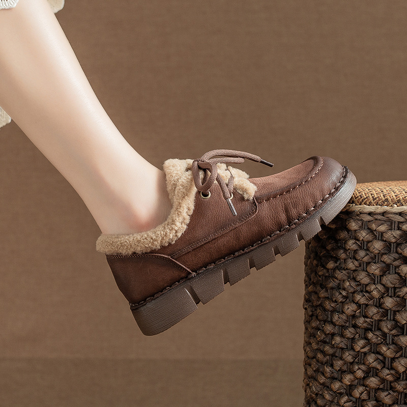 2025冬季新款牛皮棉鞋女皮鞋手工缝制系带保暖加毛百搭厚底妈妈鞋
