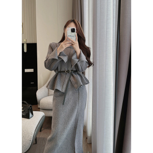 董小姐高端定制2023年秋季女装新款高级感灰色阿尔巴卡羊毛套装女