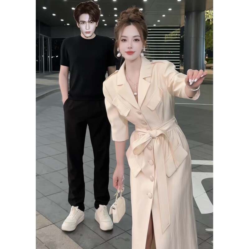 董小姐高端定制女装夏装新款气质风衣版连衣裙翻领系带醋酸连衣裙