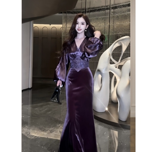 董小姐高端定制秋装新款V领醋酸拼接丝绒女紫色刺绣鱼尾连衣裙长