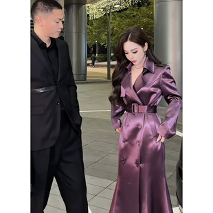 董小姐高端定制鱼尾收腰长款醋酸风衣女小个子高端大气上档次外套