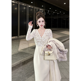 董小姐高端定制秋冬季 江浙沪千金穿搭裙子 加绒蕾丝羊毛连衣裙女装