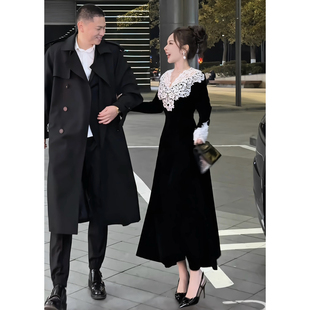 董小姐高端定制重工蕾丝拼天鹅绒黑色长款 裙子高级感丝绒连衣裙女