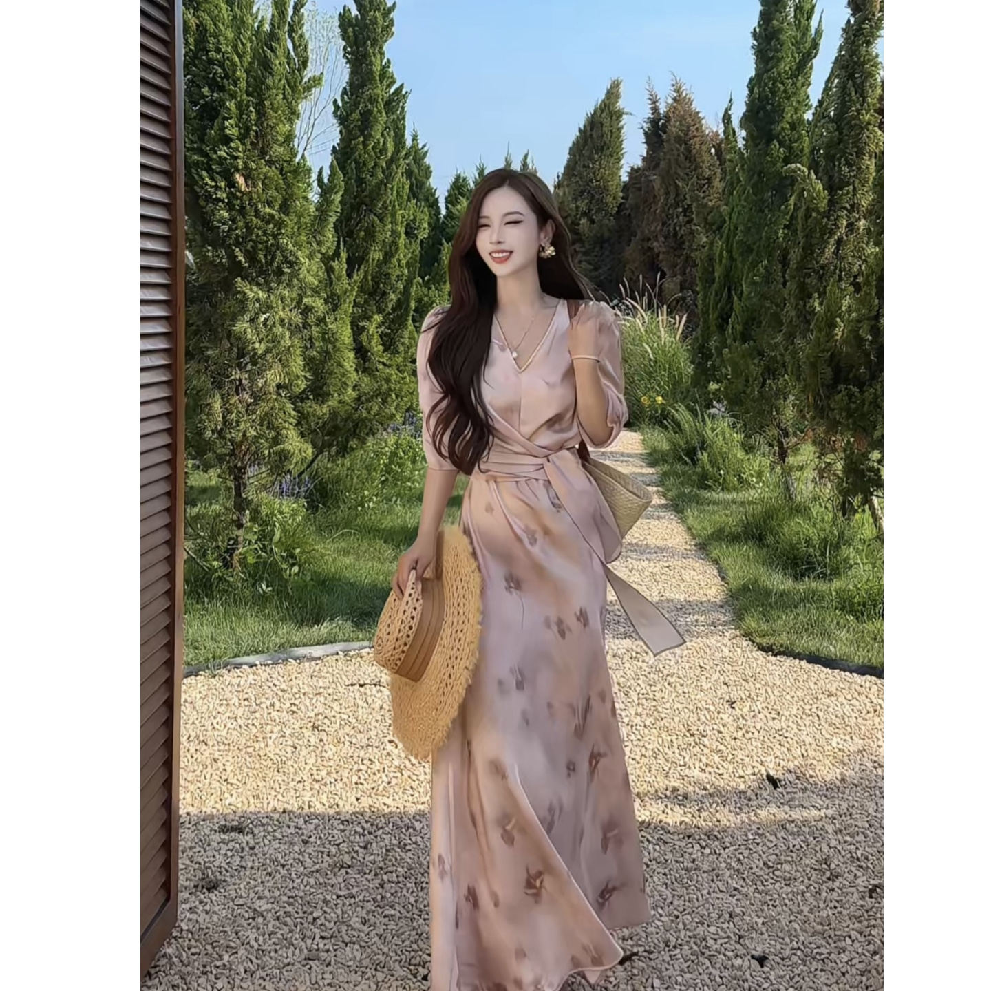 董小姐高端定制女装夏装新款交叉系带短袖醋酸印花连衣裙长款