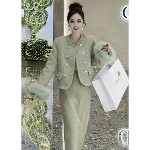 一整套裙 羊毛羽绒服超火冬装 董小姐高端定制小香风套装 女狐狸毛袖