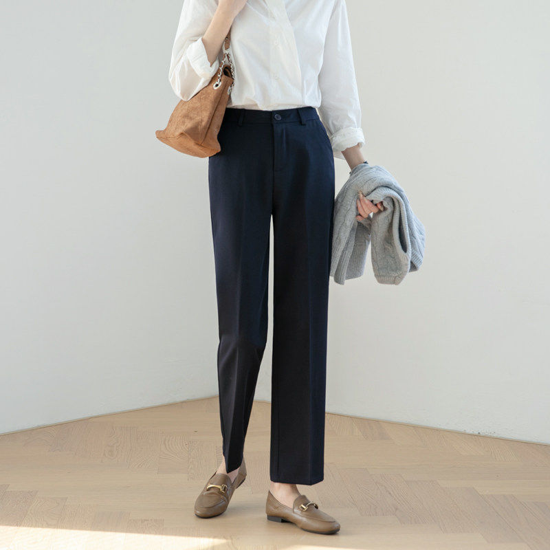 直筒西装裤女夏季薄款高腰垂坠显腿直蓝色窄版休闲 西装阔腿长裤