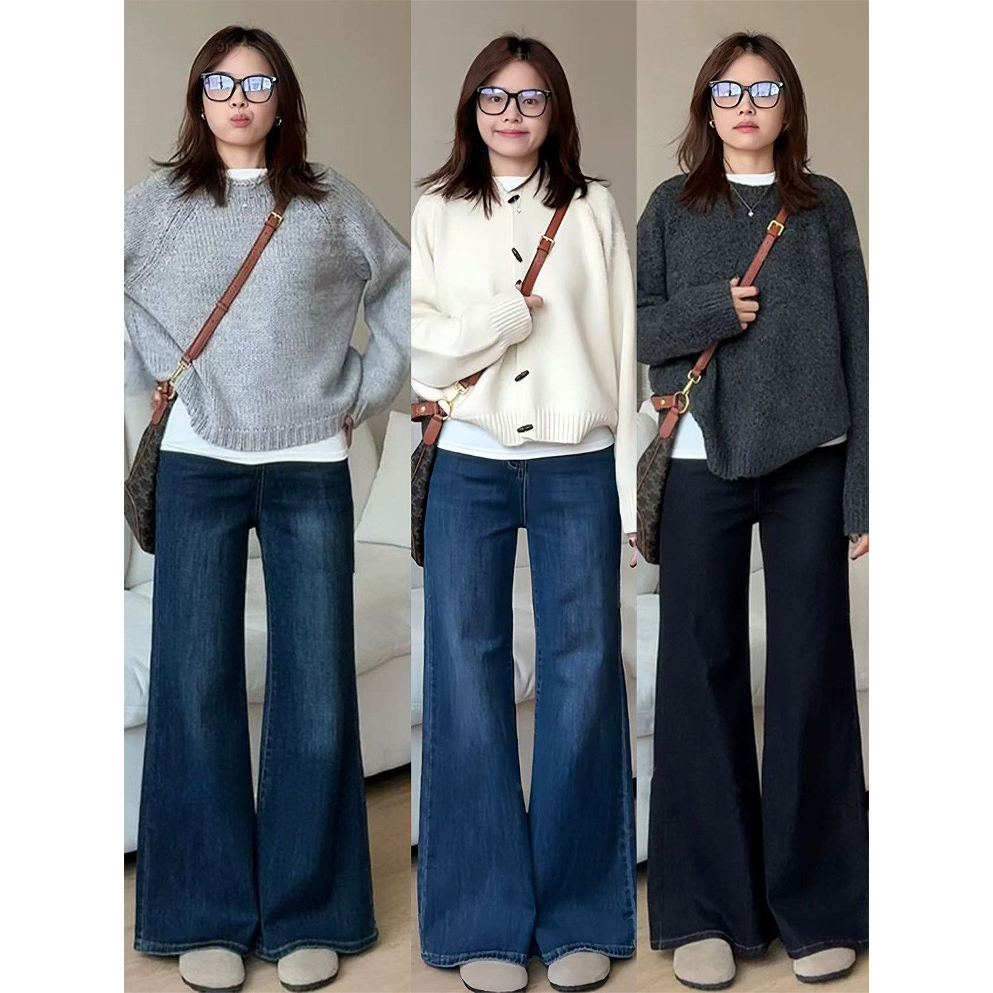 深蓝色不贴腿微喇牛仔裤女2026春夏季新款高腰美式小个子阔腿裤子