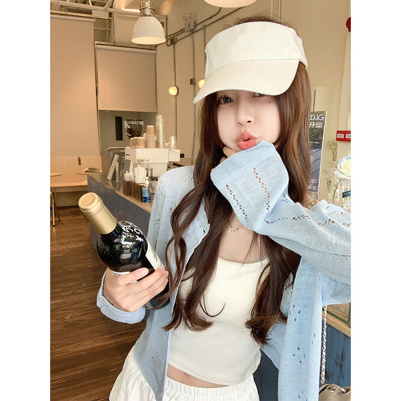 曾小咸蓝色镂空防晒针织开 衫女夏季薄款吊带外搭罩衫短款外套上