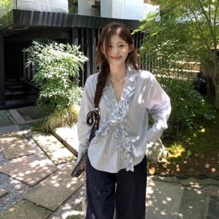 25秋季 新款 韩系花边V领条纹衬衫 1ess 慵懒衬衫 mode 法式