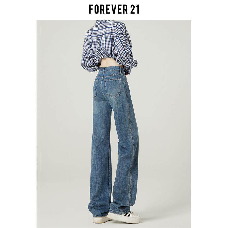 Forever 21美式覆古蓝窄版直筒牛仔裤女冬季高腰宽松梨形阔腿裤子