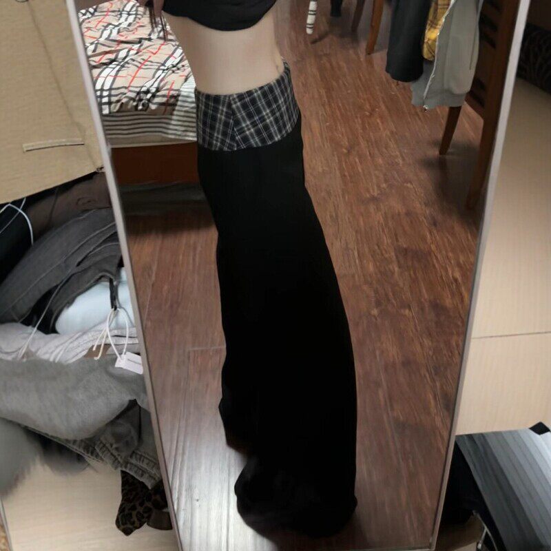 高个子加长格子拼接西装裤女夏季直筒裤低腰裤子慵懒风休闲 宽裤