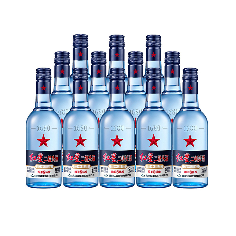 北京红星二锅头白酒 蓝瓶8年清香型陈酿八年43度250ml*12瓶整装