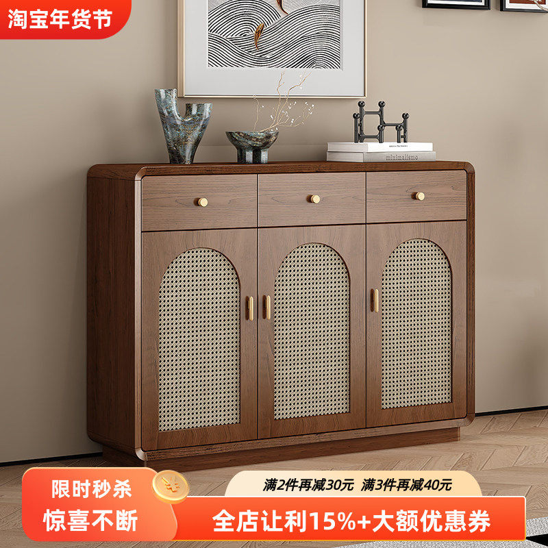 复古风藤编鞋柜家用多功能客厅玄关柜入户门口实木色隔断柜胡桃色