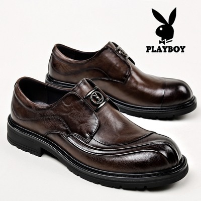 花花公子男士皮鞋真皮商务正装宽脚大头一脚蹬棕色结婚新郎休闲鞋