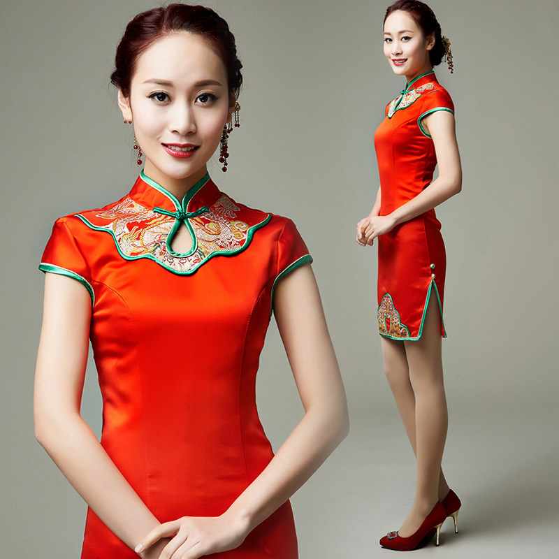 汉朴思 中式复古礼仪迎宾旗袍短款红色新娘结婚敬酒服演出服装