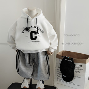 儿童加绒连帽卫衣秋冬装男童一体绒帽衫2023童装新款宝宝加厚上衣