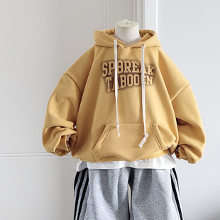 儿童一体绒卫衣男童2024新款冬装字母连帽卫衣中小童潮牌童装帽衫