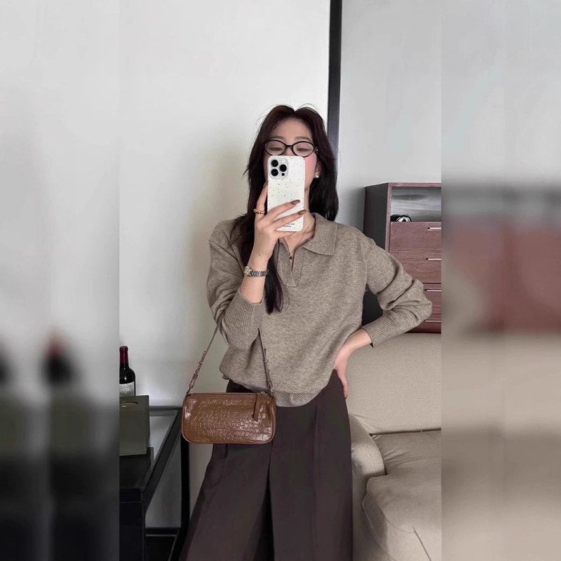 软糯polo翻领毛衣女内搭秋冬复古港味慵懒风上衣休闲针织打底衫女