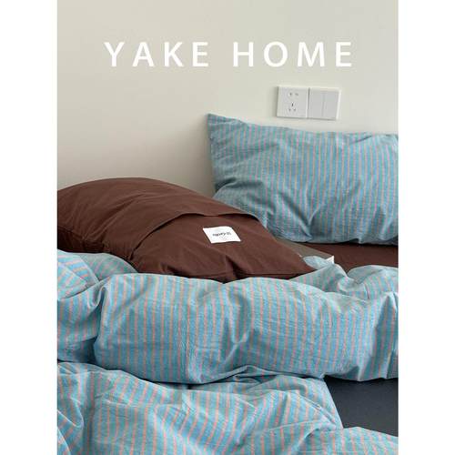 YAKEHOME【里斯本暮色】复古风蓝色条纹全棉水洗棉四件套纯棉床单