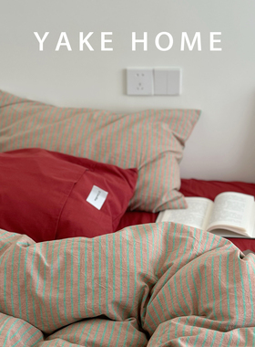 YAKEHOME【暮光棱镜】复古风红绿色条纹全棉水洗棉四件套纯棉床单