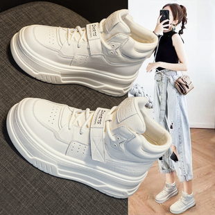 真皮高帮鞋女鞋子2025春季新款爆款厚底松糕加绒运动休闲小白棉鞋