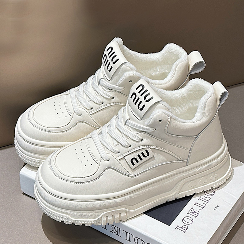 真皮加绒小白鞋女厚底高帮棉鞋