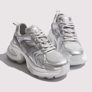 透气增高网红炸街ins潮休闲运动鞋 厚底银色老爹鞋 女2025春夏新款