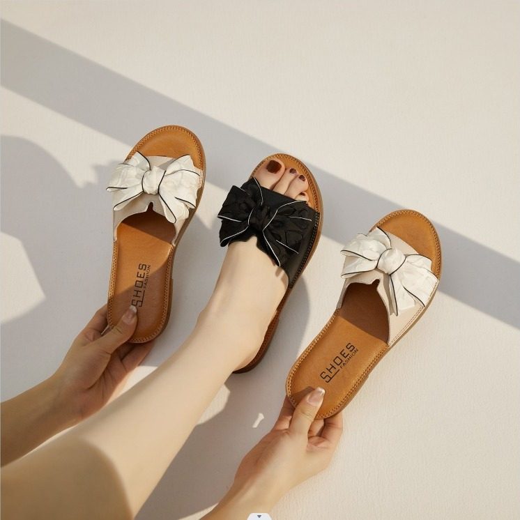头层牛皮拖鞋女夏大码35-43蝴蝶结百搭外穿防滑软底真皮沙滩鞋,女鞋,一字拖,淘宝优惠券,粉丝福利购,淘宝优惠卷