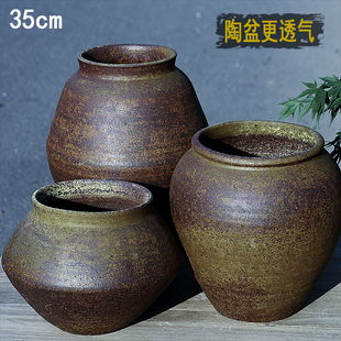 复古透气粗陶花盆民宿酒店陶盆高筒老桩多肉花盆室内装 饰旧坛子大