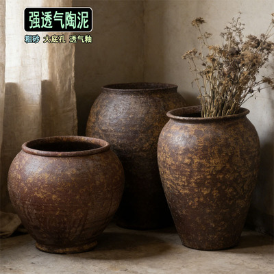 复古三角梅陶瓷花盆透气老式陶土盆土陶罐超大民宿摆件兰花多肉盆