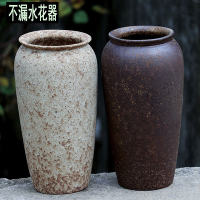 无孔水培花盆花器插花高筒复古摆件民宿店铺摆件粗陶罐鲜花瓶清仓